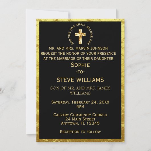 Traditional Gold Christelijk Cross Black Bruiloft Kaart (Voorkant)