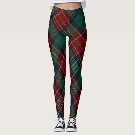 Traditional Green Red Diagonal Tartan Plaid Leggings (Voorkant)