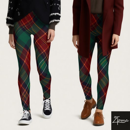 Traditional Green Red Diagonal Tartan Plaid Leggings
