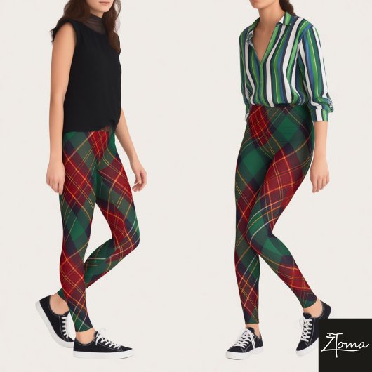 Traditional Green Red Diagonal Tartan Plaid Leggings