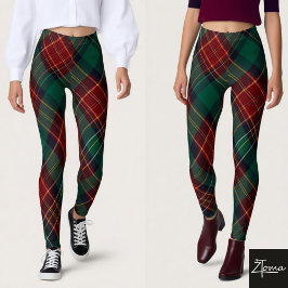 Traditional Green Red Diagonal Tartan Plaid Leggings