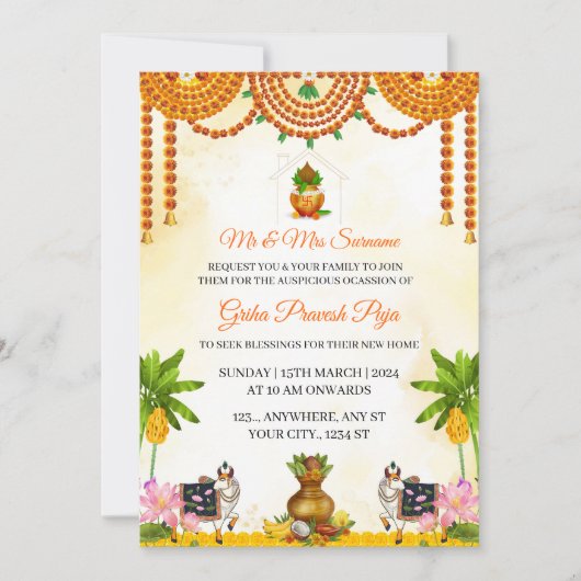 Traditional Indian Griha Pravesh Puja Invitation Kaart (Voorkant)