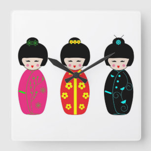 Traditional Japanese Kokeshi Geisha Dolls Vierkante Klok