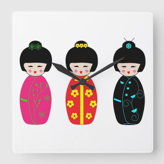 Traditional Japanese Kokeshi Geisha Dolls Vierkante Klok (Voorkant)