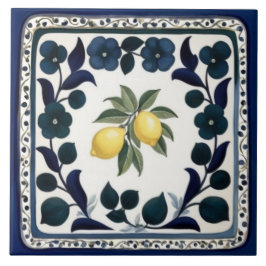 Traditional Lemons Dark Blue and White Floral Tegeltje
