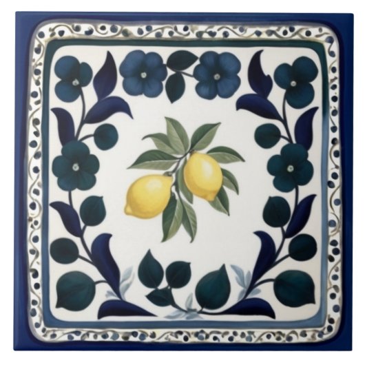 Traditional Lemons Dark Blue and White Floral Tegeltje (Voorkant)