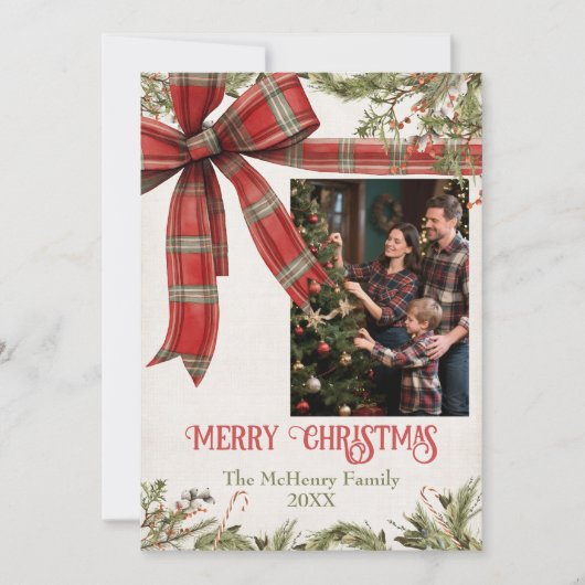 Traditional Plaid Red Bow Christmas 5 Photos Feestdagenkaart (Voorkant)