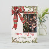 Traditional Plaid Red Bow Christmas 5 Photos Feestdagenkaart (Staand voorkant)