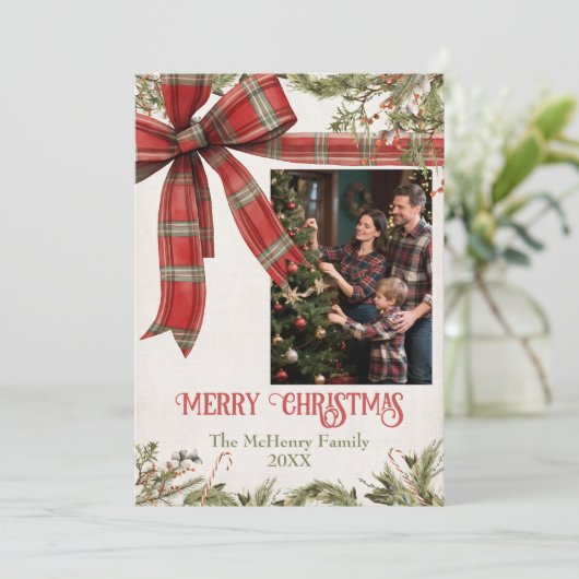 Traditional Plaid Red Bow Christmas 5 Photos Feestdagenkaart (Staand voorkant)