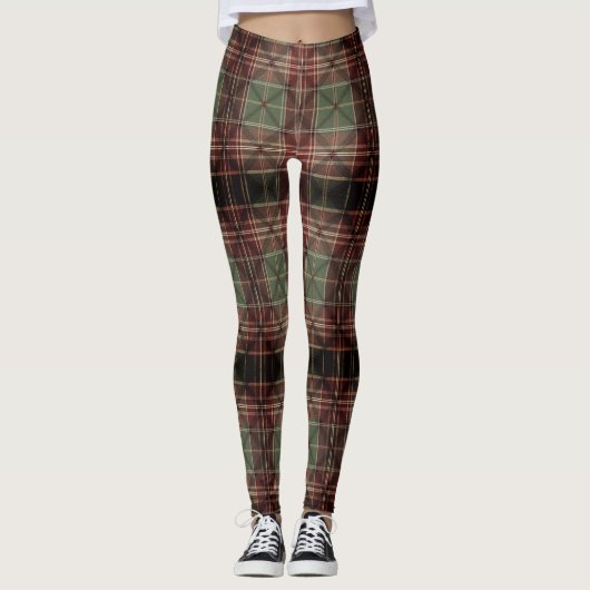 Traditional Plaid Tartan Burgundy Green Dark Leggings (Voorkant)