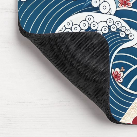 Traditional Red Blue Japanese Wave Sakura Pattern Muismat (Hoek)