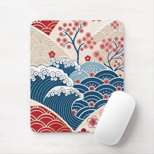 Traditional Red Blue Japanese Wave Sakura Pattern Muismat (Met muis)