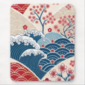 Traditional Red Blue Japanese Wave Sakura Pattern Muismat (Voorkant)