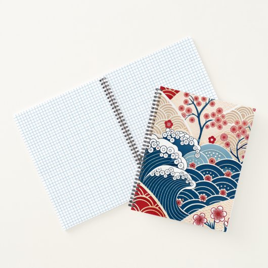 Traditional Red Blue Japanese Wave Sakura Pattern Notitieboek (Binnen)