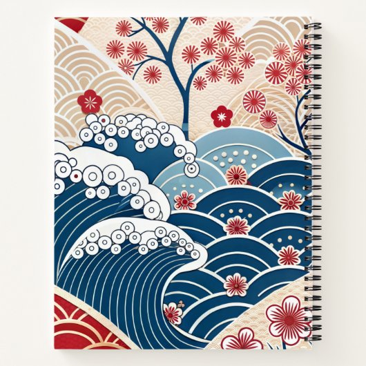 Traditional Red Blue Japanese Wave Sakura Pattern Notitieboek (Achterkant)