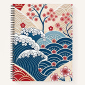 Traditional Red Blue Japanese Wave Sakura Pattern Notitieboek (Voorkant)