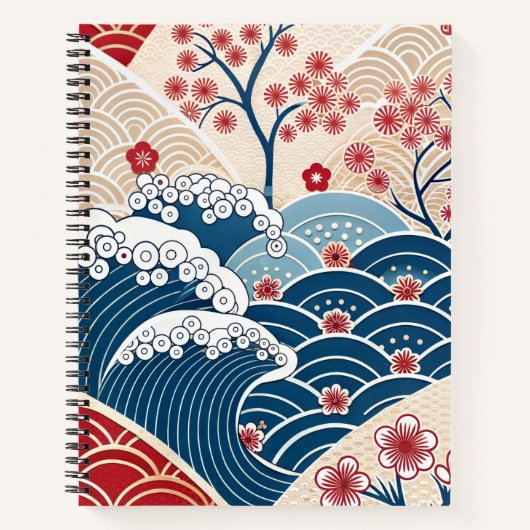 Traditional Red Blue Japanese Wave Sakura Pattern Notitieboek (Voorkant)