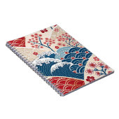 Traditional Red Blue Japanese Wave Sakura Pattern Notitieboek (Rechterzijde)