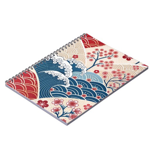Traditional Red Blue Japanese Wave Sakura Pattern Notitieboek (Linkerzijde)