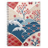 Traditional Red Blue Japanese Wave Sakura Pattern Notitieboek (Voorkant)