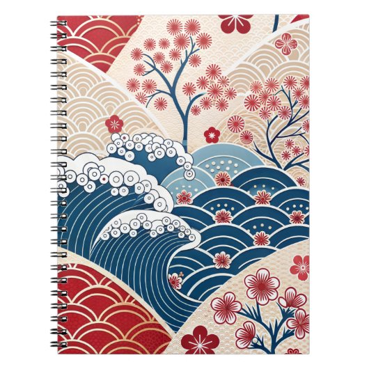 Traditional Red Blue Japanese Wave Sakura Pattern Notitieboek (Voorkant)