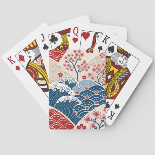 Traditional Red Blue Japanese Wave Sakura Pattern Pokerkaarten (Achterkant)