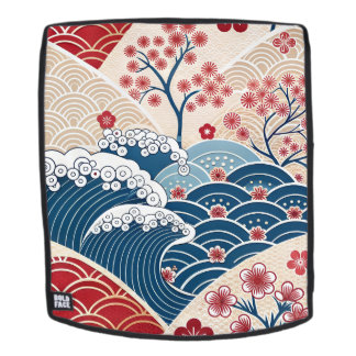 Traditional Red Blue Japanese Wave Sakura Pattern Rugtassen