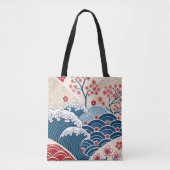Traditional Red Blue Japanese Wave Sakura Pattern Tote Bag (Voorkant)