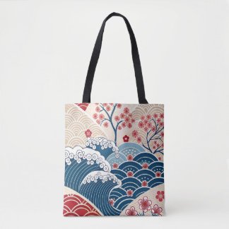 Traditional Red Blue Japanese Wave Sakura Pattern Tote Bag