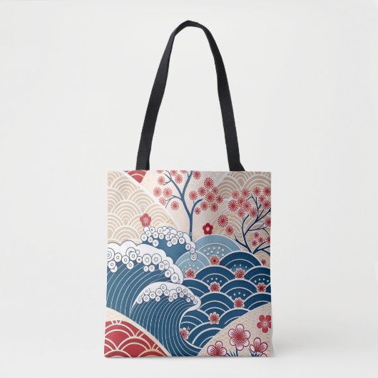 Traditional Red Blue Japanese Wave Sakura Pattern Tote Bag (Voorkant)
