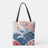 Traditional Red Blue Japanese Wave Sakura Pattern Tote Bag (Achterkant)