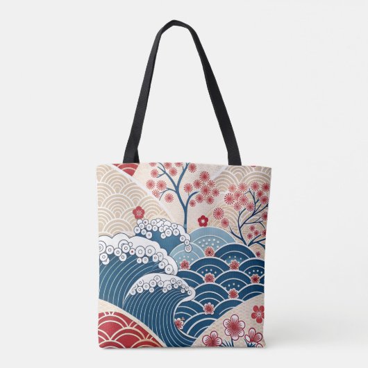 Traditional Red Blue Japanese Wave Sakura Pattern Tote Bag (Achterkant)