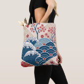 Traditional Red Blue Japanese Wave Sakura Pattern Tote Bag (Dichtbij)