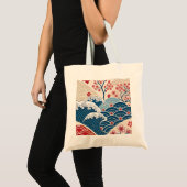 Traditional Red Blue Japanese Wave Sakura Pattern Tote Bag (Voorkant (product))