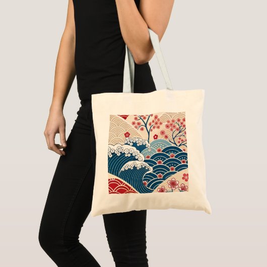 Traditional Red Blue Japanese Wave Sakura Pattern Tote Bag (Voorkant (product))