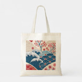 Traditional Red Blue Japanese Wave Sakura Pattern Tote Bag (Achterkant)