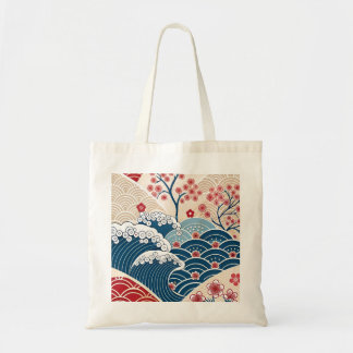 Traditional Red Blue Japanese Wave Sakura Pattern Tote Bag