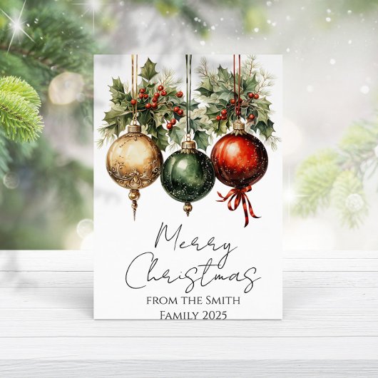 Traditional Red Green Gold Bauble Holly Christmas Kaart