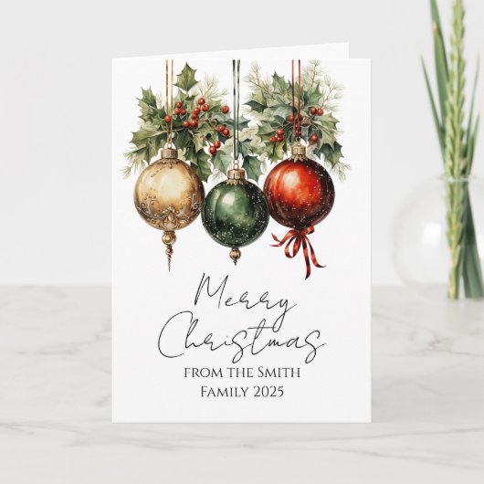 Traditional Red Green Gold Bauble Holly Christmas Kaart (Voorkant)