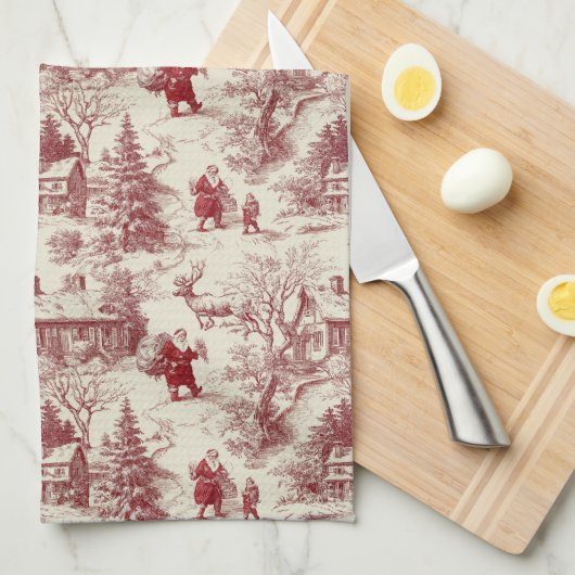 Traditional Santa Claus Red on Cream Toile De Jouy Theedoek (Quarter Fold)