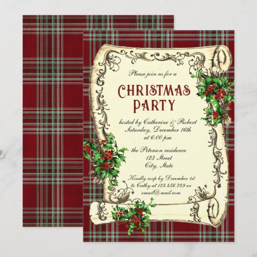 Traditional Vintage Christmas Party Scroll Plaid Kaart (Voorkant / Achterkant)