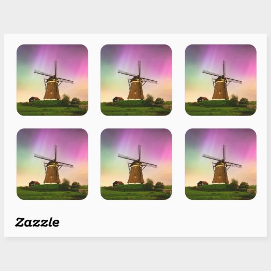 Traditional windmill under the Northern Lights Vierkante Sticker (Vel)