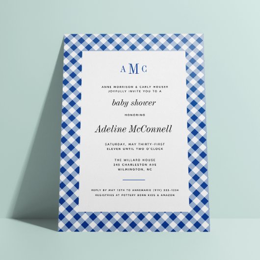 Traditioneel Baby shower Royal Blue Gingham Kaart