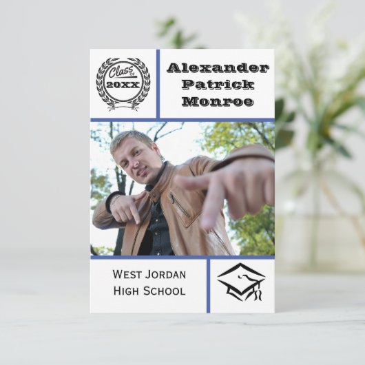 Traditioneel blauw - 3x5 Afstuderen uitnodiging (Staand voorkant)