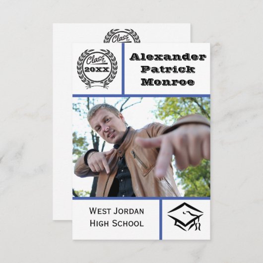 Traditioneel blauw - 3x5 Afstuderen uitnodiging (Voorkant / Achterkant)