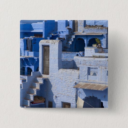 Traditioneel blauw geschilderd huis, Jodphur Vierkante Button 5,1 Cm (Voorkant)