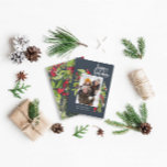 Traditioneel blauw kerstblad 1 foto feestdagenkaart<br><div class="desc">Fijne feestdag blauw kerstfeest 1 fotovakantiekaart. Mooie waterverf schilderde bladeren en moderne scripttekst. Een deel van een collectie.</div>