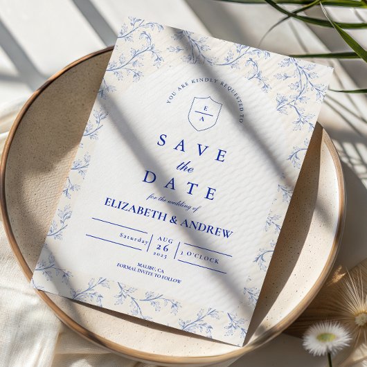 Traditioneel blauwe chinoiserie-huwelijk save the date