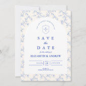 Traditioneel blauwe chinoiserie-huwelijk save the date (Voorkant)
