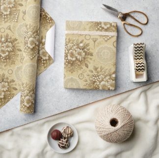 Traditioneel Bloemmotief Parels en Kant Bruiloft Cadeaupapier